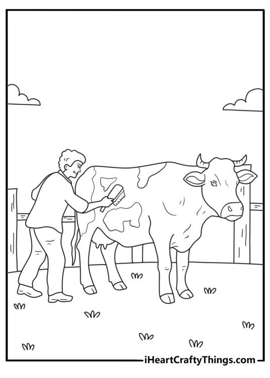 Cute cow coloring page with a farmer brushing a cow in a barn