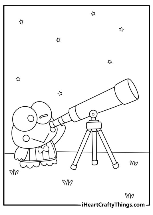 Detailed Keroppi coloring page with Keroppi looking at stars through a telescope