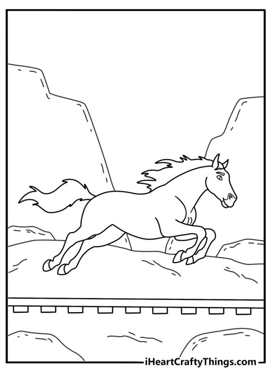 Detailed Spirit coloring page with Spirit near a train track in the Cimarron desert