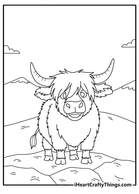 Detailed cow coloring sheet with a Highland cow near mountain rocks