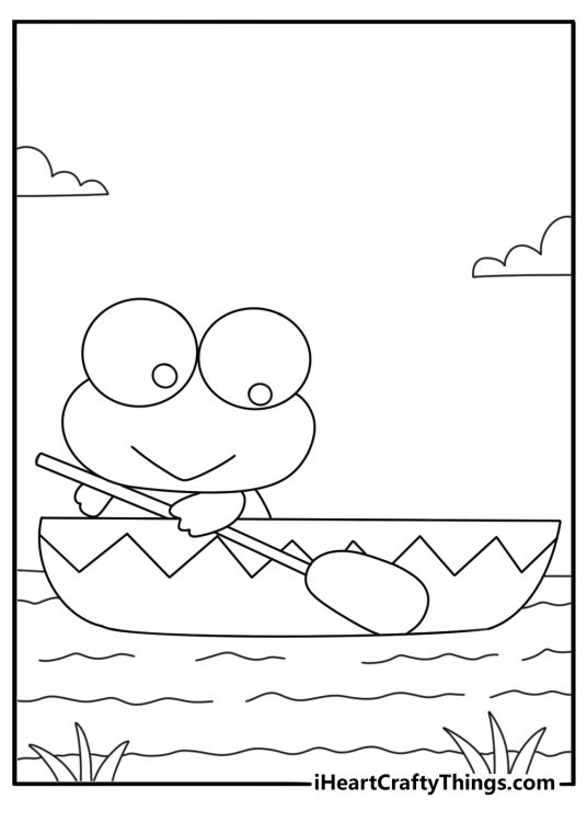 Free Keroppi printable of Keroppi rowing a small boat through reeds