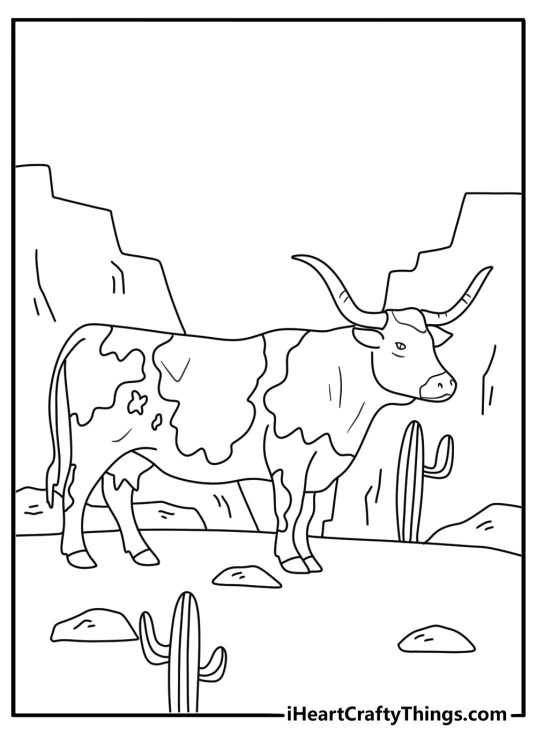 Free printable coloring sheet of a longhorn cow near desert cactus
