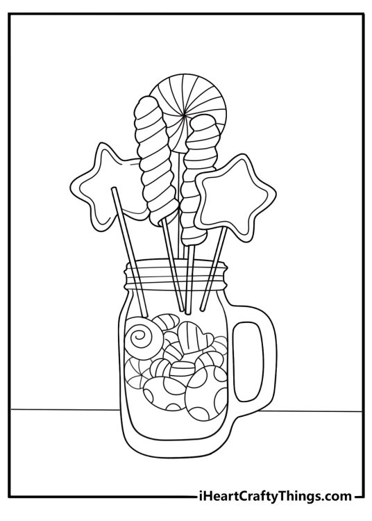 Glass jar full of mixed lollipops detailed coloring page for adults