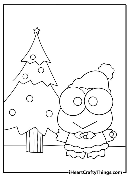 Keroppi christmas coloring pages with Keroppi decorating a tree with ornaments