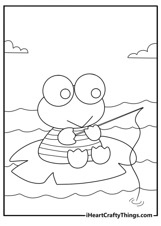 Keroppi coloring page with the frog boy fishing by a quiet pond