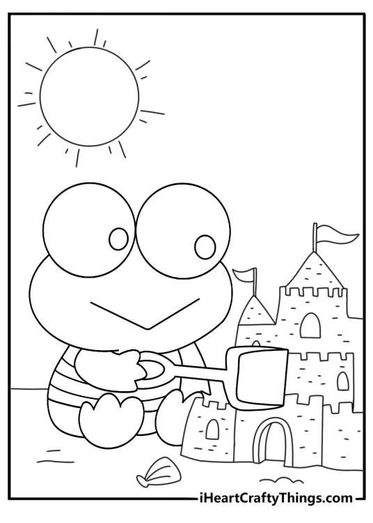 Keroppi coloring pages printable with Keroppi building a sandcastle at the beach
