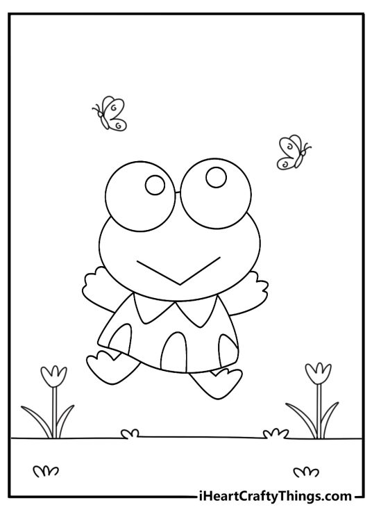 Keroppi frog coloring page with Keroppi catching butterflies near tall grass