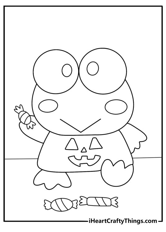 Keroppi halloween coloring pages with Keroppi in a pumpkin costume near candy