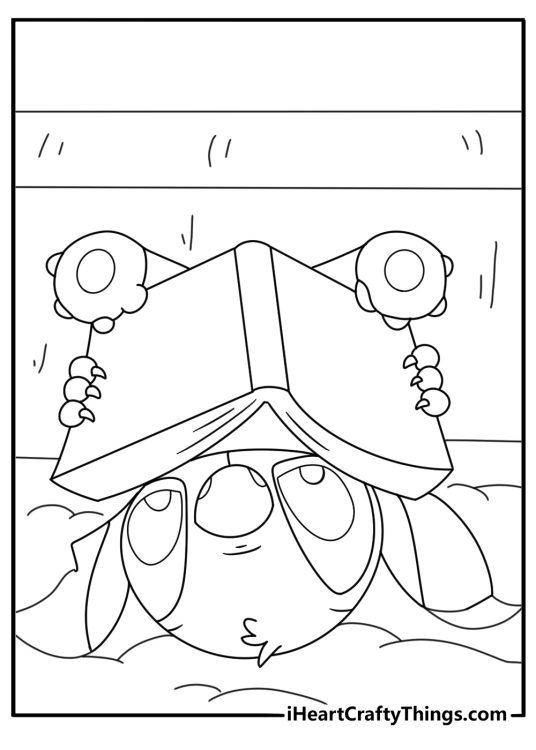 Lilo and Stitch coloring page with Stitch reading upside down on a sofa