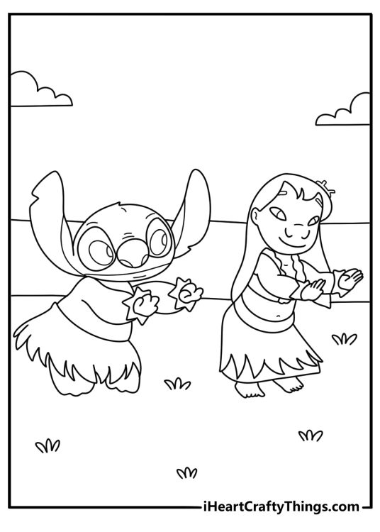 Lilo teaching Stitch hula steps in a backyard Lilo and Stitch coloring page