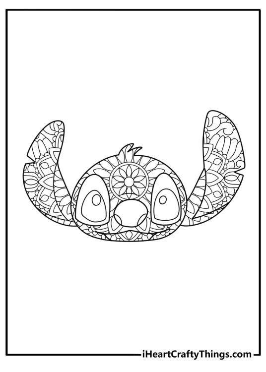 Mandala style Stitch face with tropical shapes detailed coloring page for adults