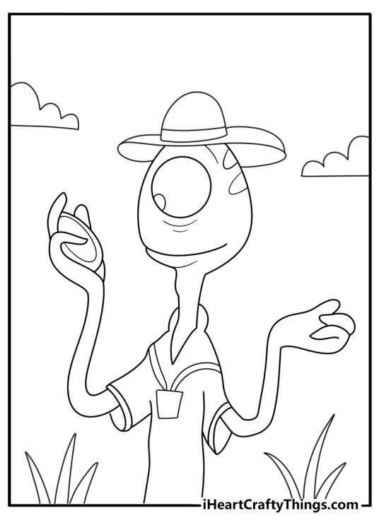 Pleakley wearing tourist hat studying Earth map fun coloring page