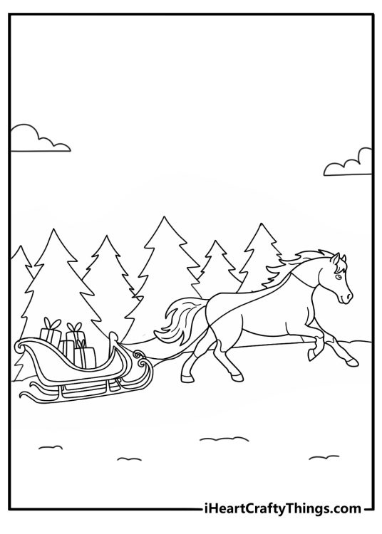 Printable Spirit coloring page with Spirit pulling a Christmas sleigh through snow
