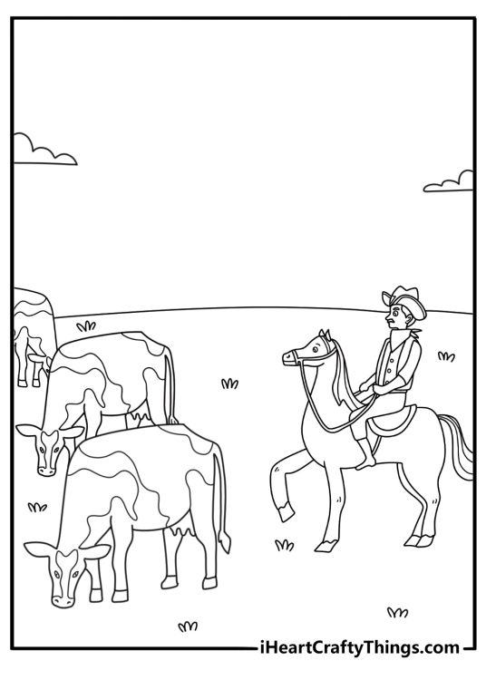 Printable cow coloring sheet with a cowboy riding beside a herd