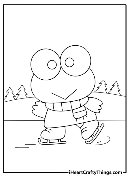 Simple Keroppi coloring sheet with Keroppi skating on a frozen pond