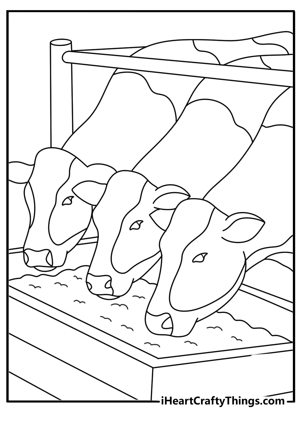Simple printable cow coloring page with a cow eating from a feed trough
