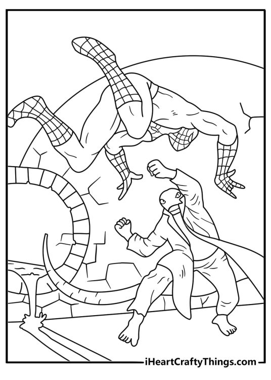 Spider Man battles the Lizard inside a sewer tunnel on this coloring page