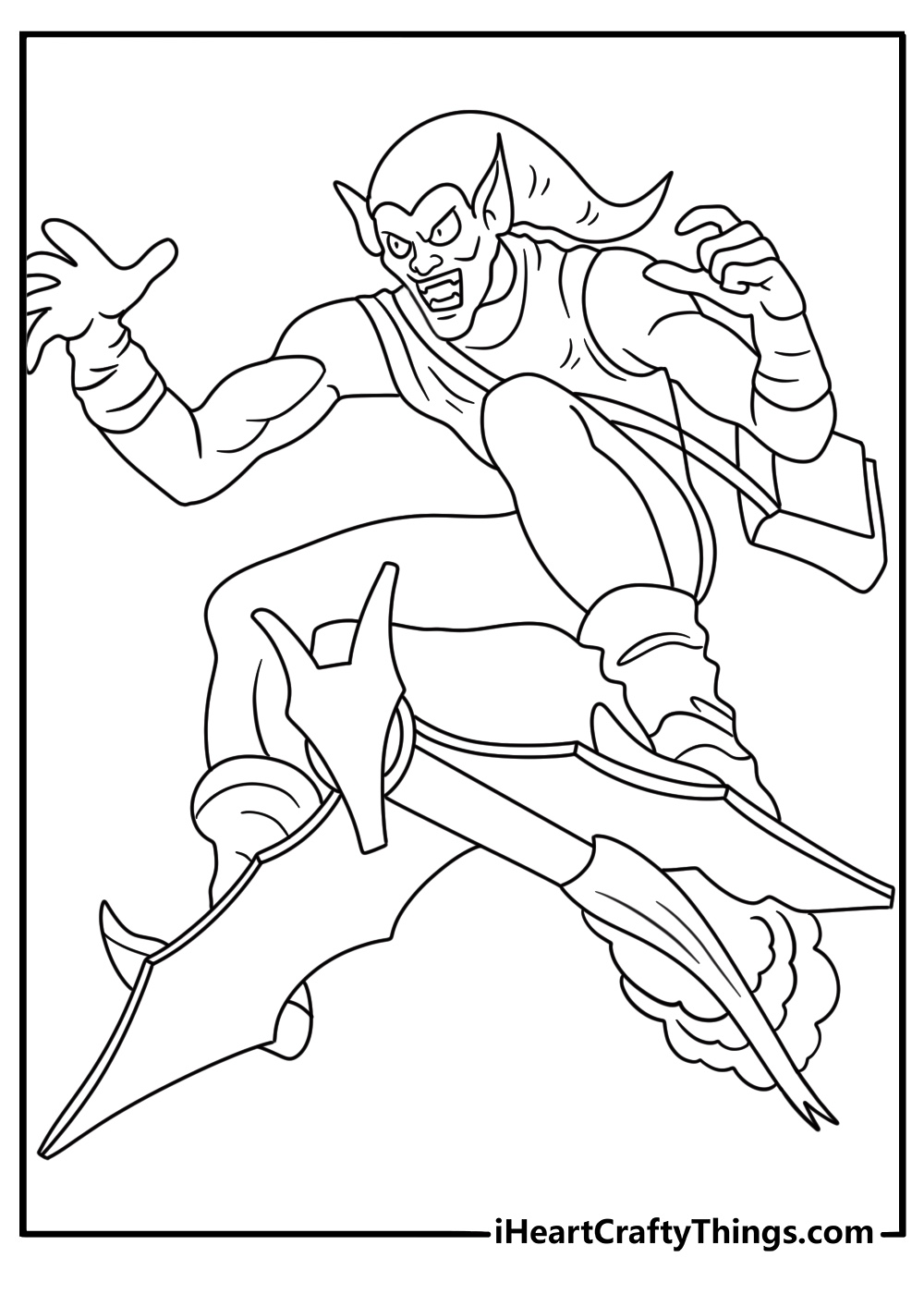 Spider Man coloring page featuring Green Goblin riding his glider