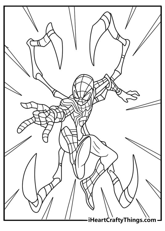 Spider Man coloring page featuring the Iron Spider suit with mechanical legs