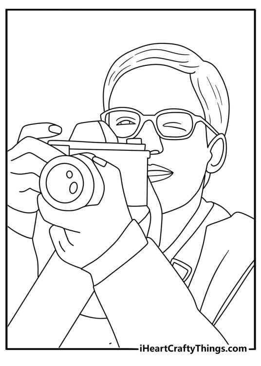 Spider Man coloring page showing Peter Parker taking photos with a camera