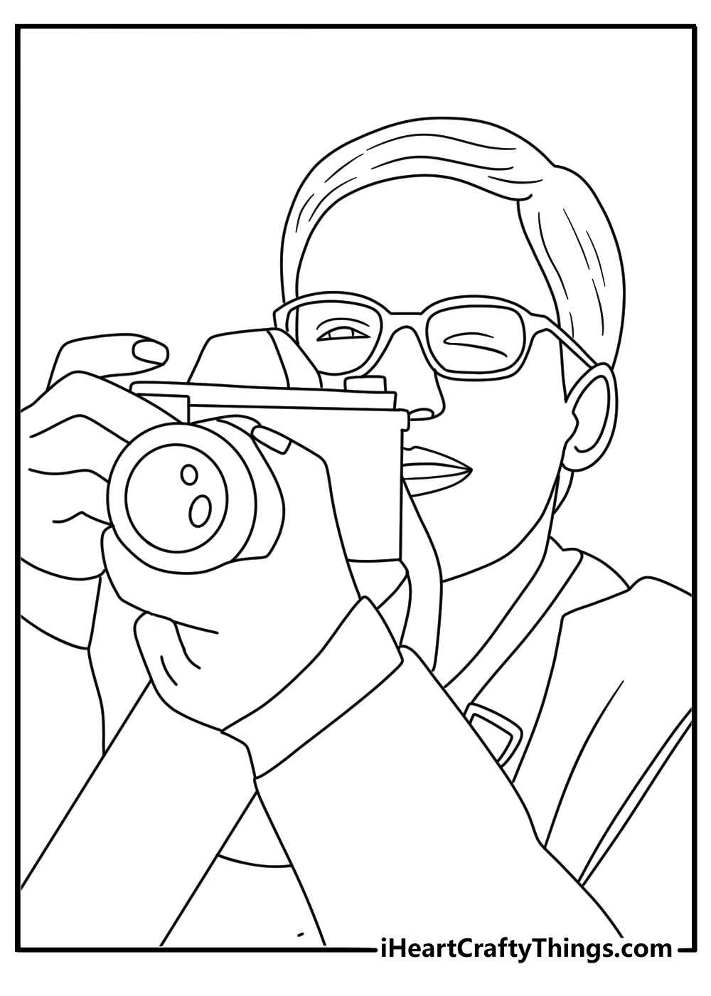 Spider Man coloring page showing Peter Parker taking photos with a camera