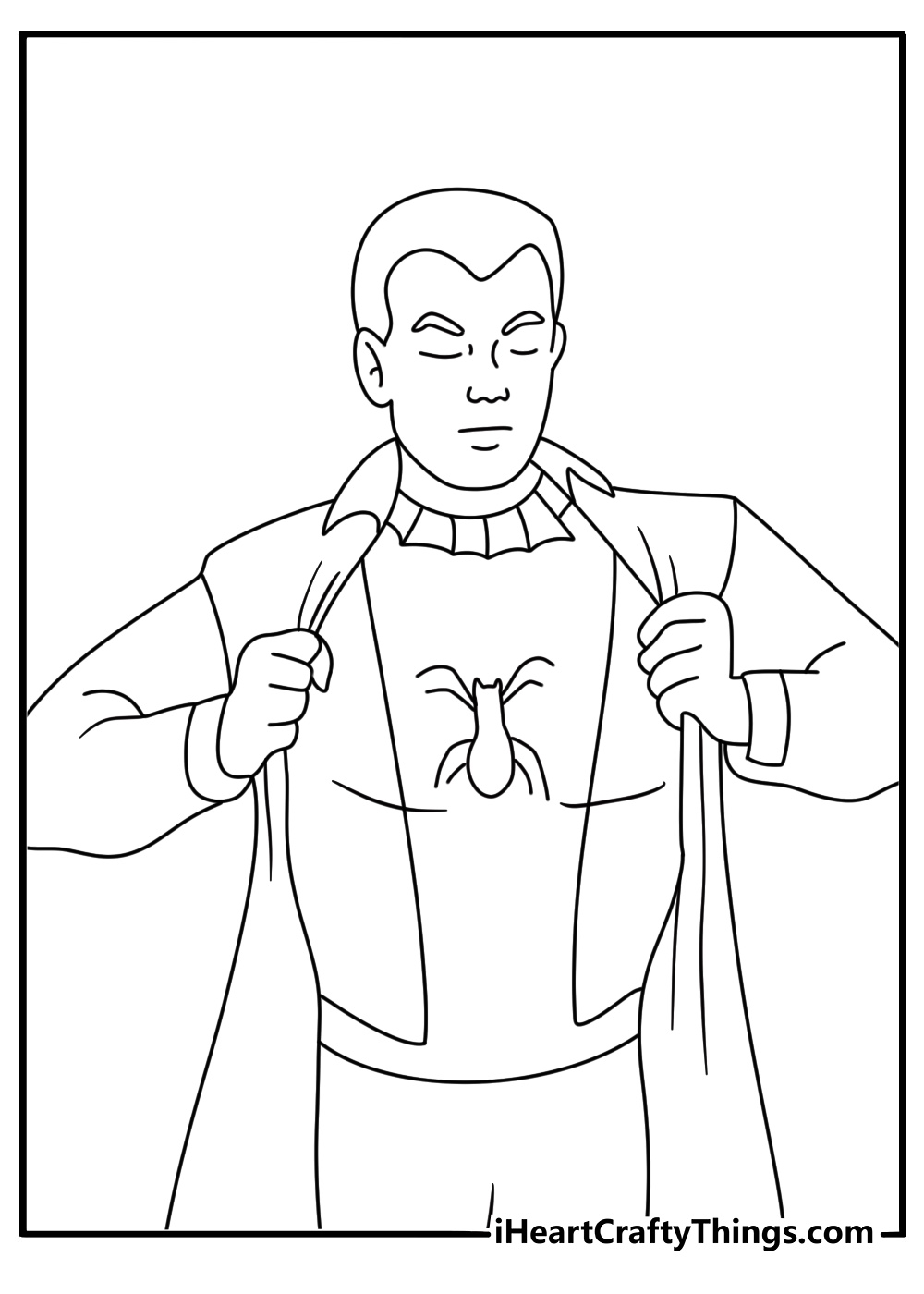 Spider Man coloring printable showing Peter Parker changing into his superhero suit