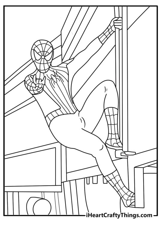 Spider Man hangs from the side of a speeding train in this action coloring page