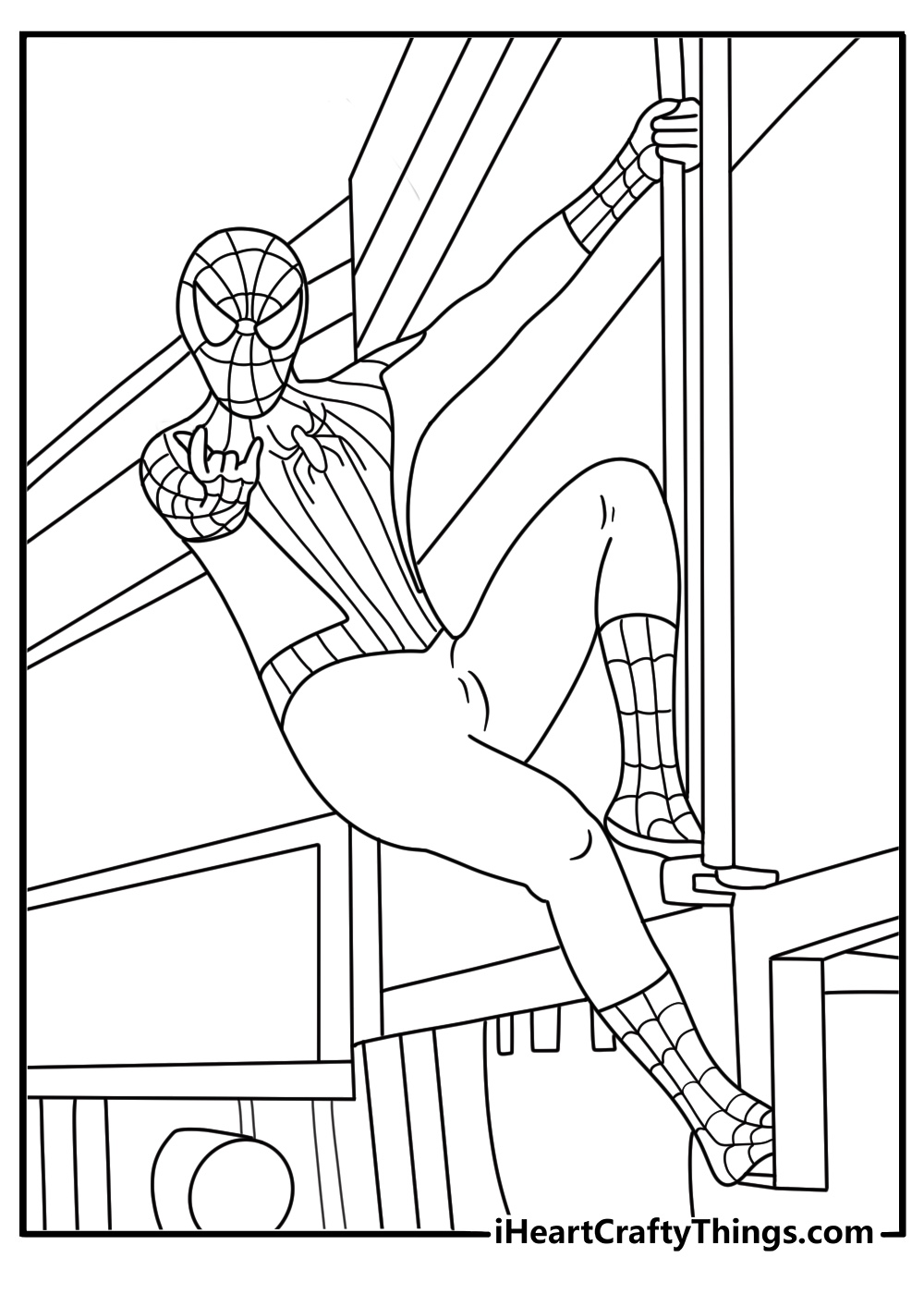 Spider Man hangs from the side of a speeding train in this action coloring page