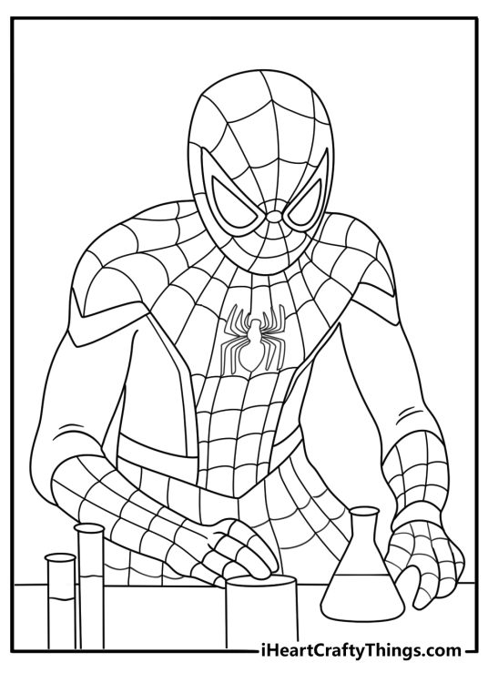 Spider Man searches a science lab filled with glass tubes in this detailed page