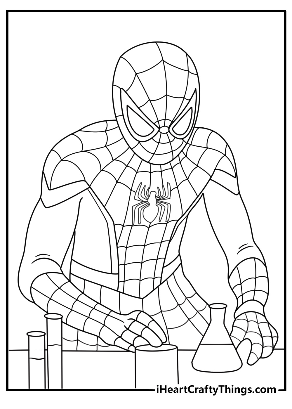 Spider Man searches a science lab filled with glass tubes in this detailed page