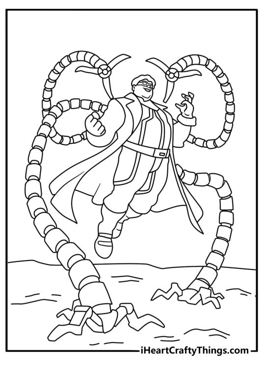 Spiderman faces Doctor Octopus and his metal arms in this detailed coloring sheet
