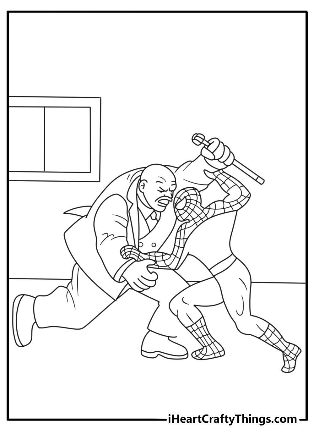 Spiderman faces Kingpin inside a large office in this detailed coloring page