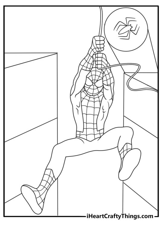 Spiderman follows spider signals across a dark city alley in this printable