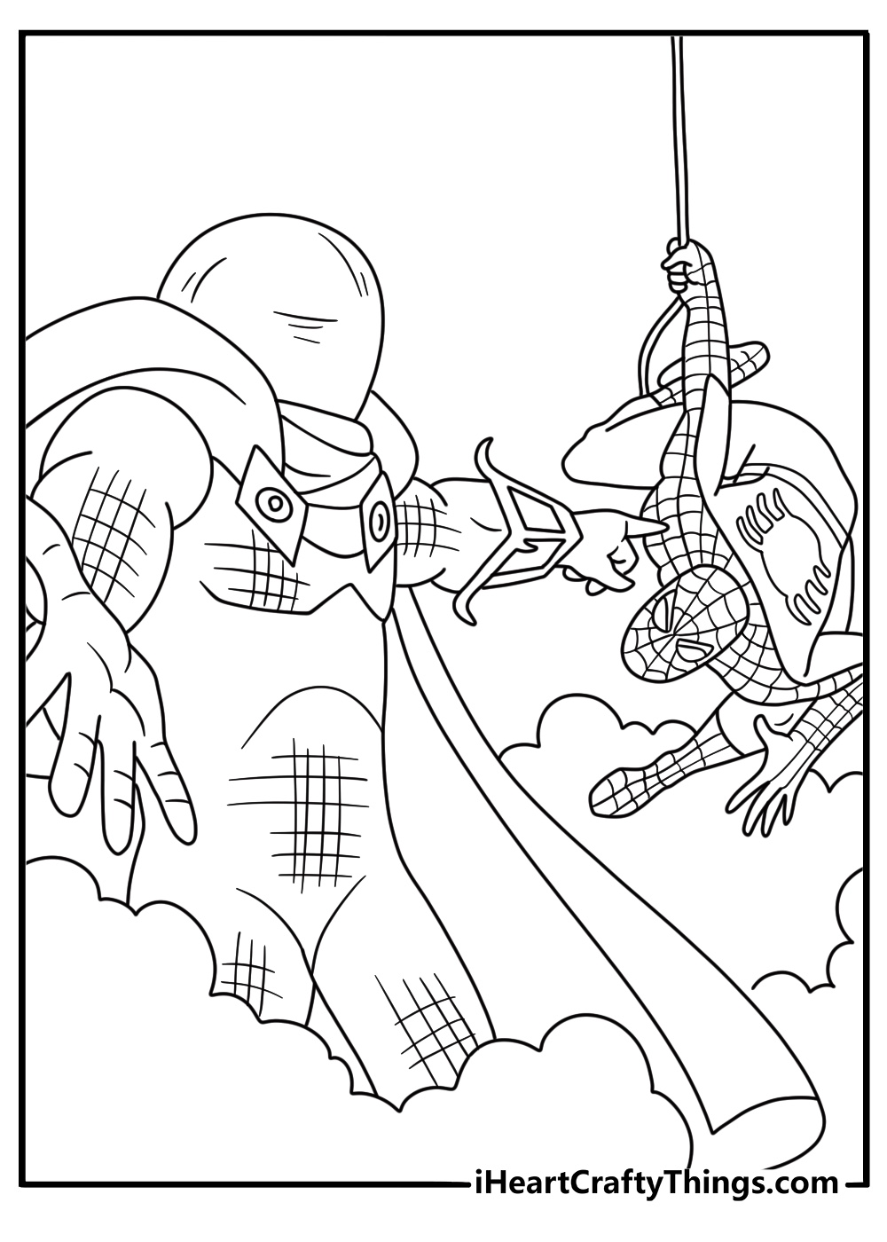 Spiderman meets Mysterio surrounded by strange smoke in this printable sheet
