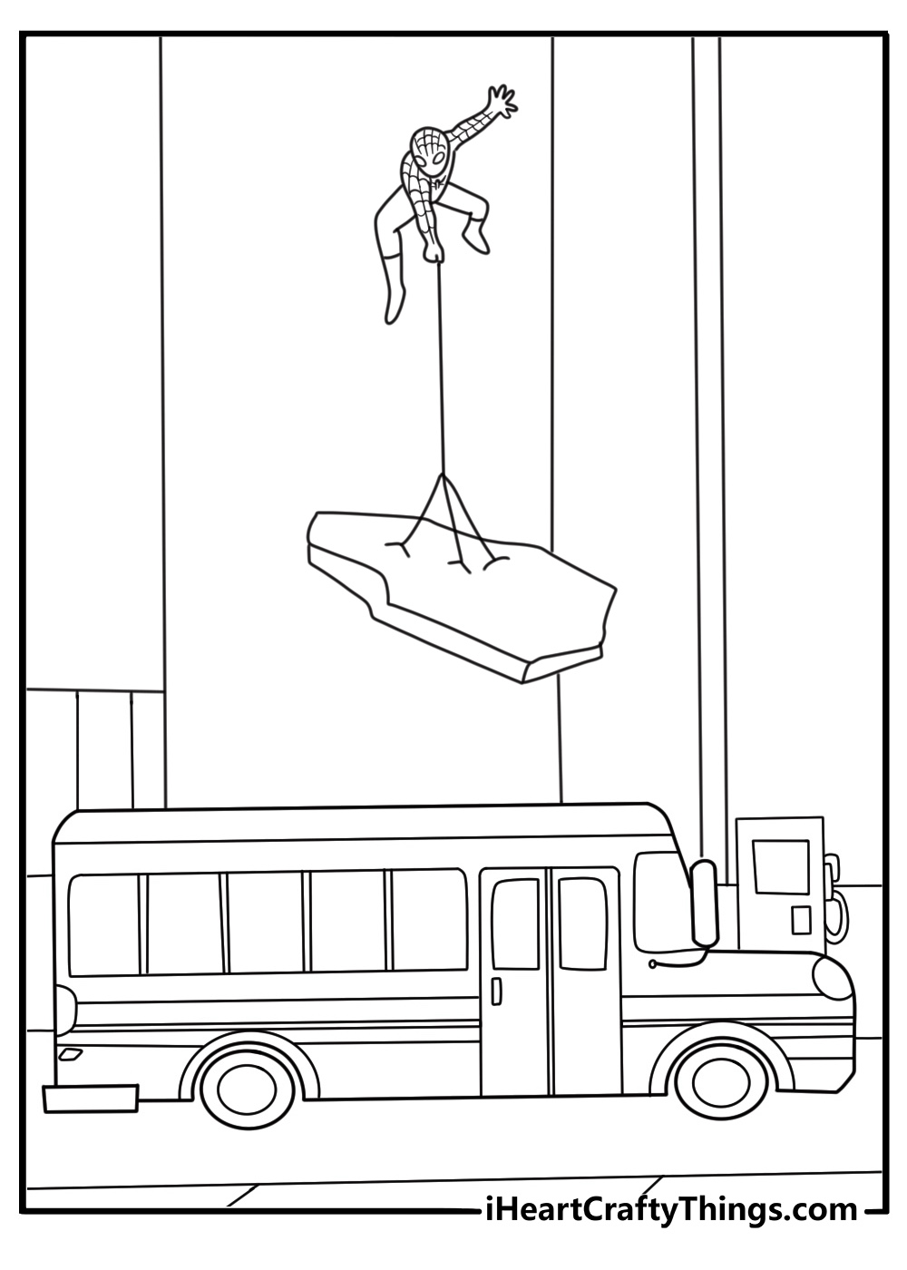 Spiderman protects a school bus from falling debris in this free coloring sheet