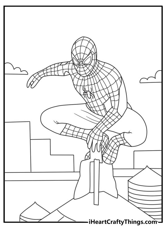 Spiderman rests beside a rooftop water tower in this simple coloring sheet