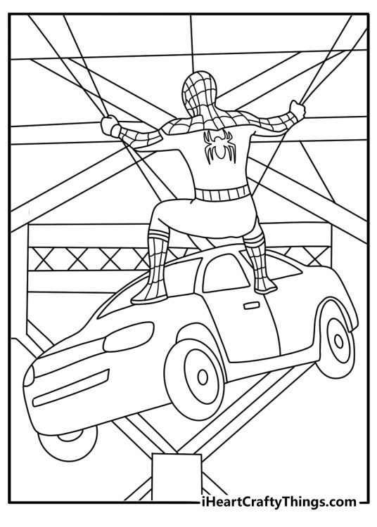 Spiderman saves a falling car with a strong web in this coloring sheet