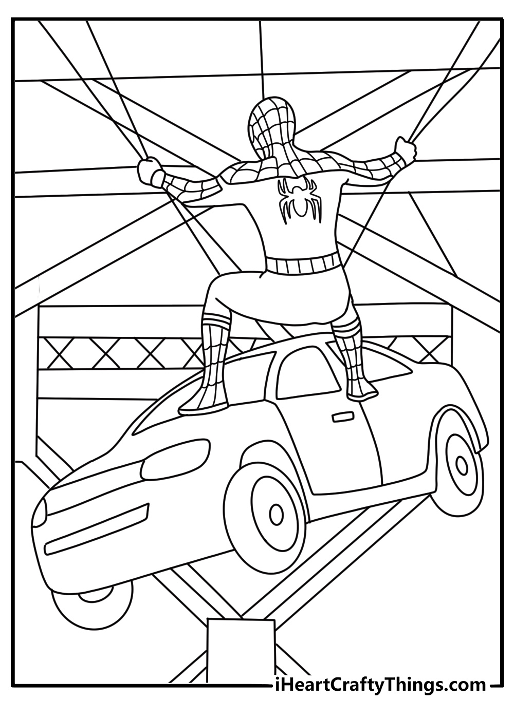 Spiderman saves a falling car with a strong web in this coloring sheet