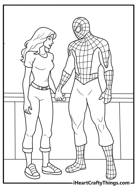 Spiderman stands beside Mary Jane outside a city cafe in this free printable
