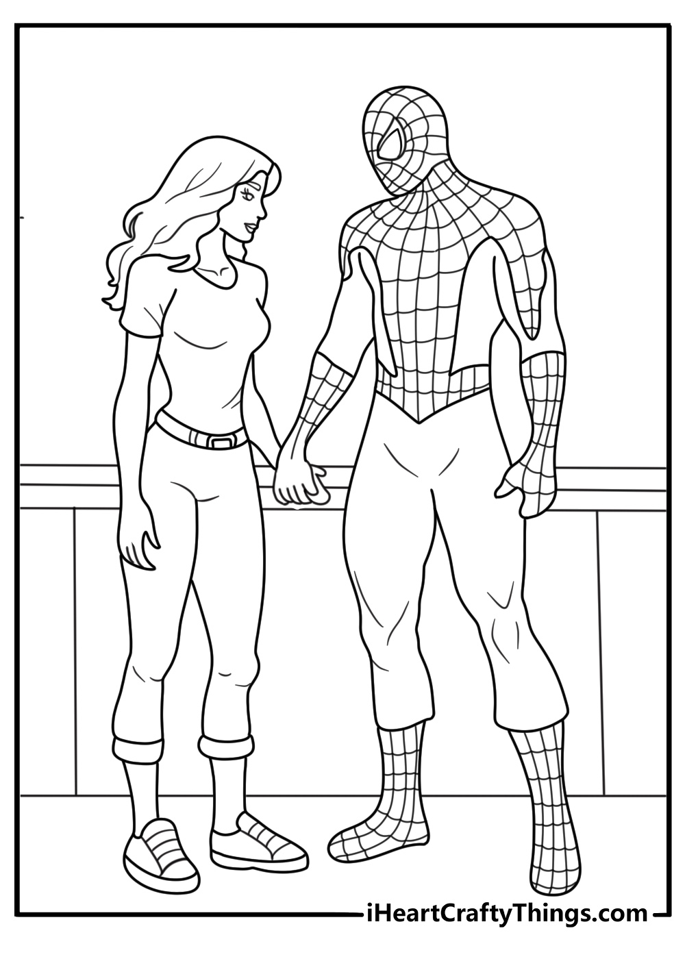 Spiderman stands beside Mary Jane outside a city cafe in this free printable