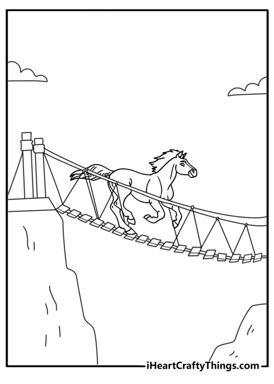 Spirit coloring page for kids with Spirit crossing a canyon bridge