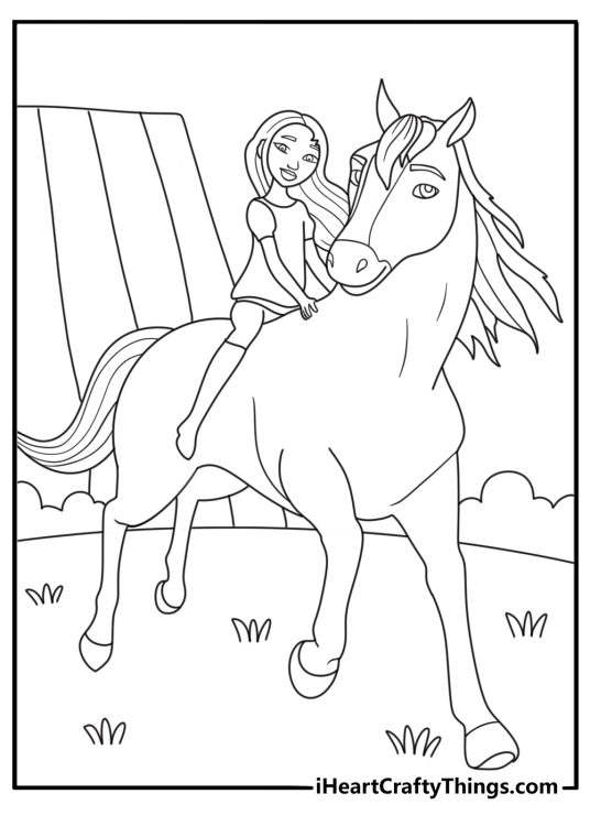Spirit coloring page with Spirit beside Lucky on a frontier trail