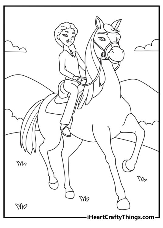 Spirit coloring sheet with Pru and Chica Linda riding across a ranch path