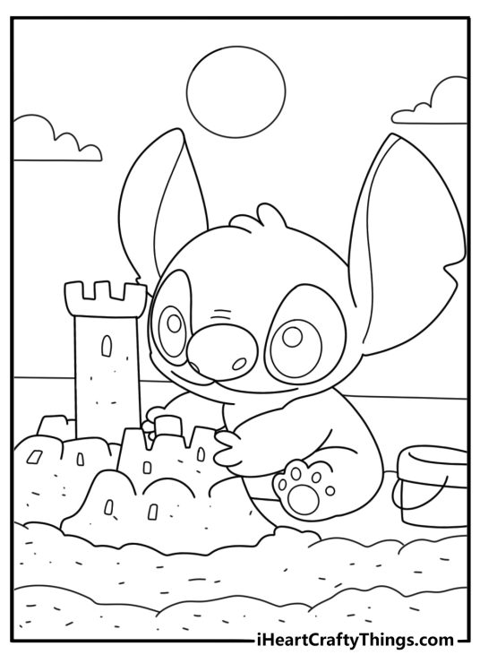 Stitch building a tall sandcastle near ocean waves simple coloring sheet for kids