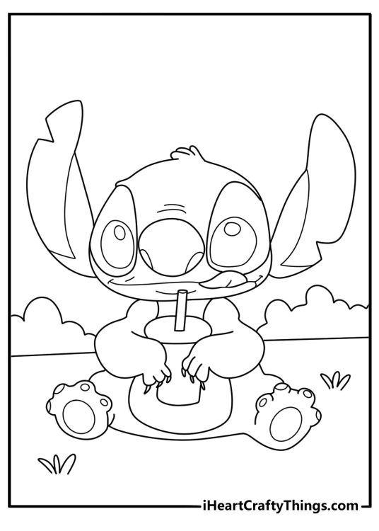 Stitch drinking boba tea with big tapioca pearls cute kawaii coloring sheet