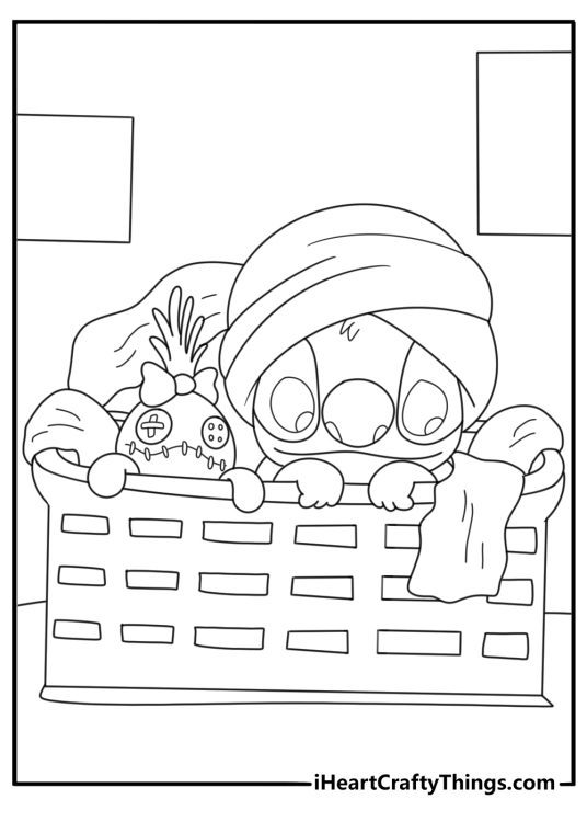 Stitch peeking from inside a laundry basket simple coloring page for kids