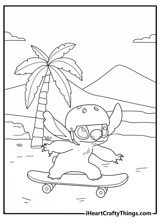 Stitch riding a skateboard down a small island road fun coloring page