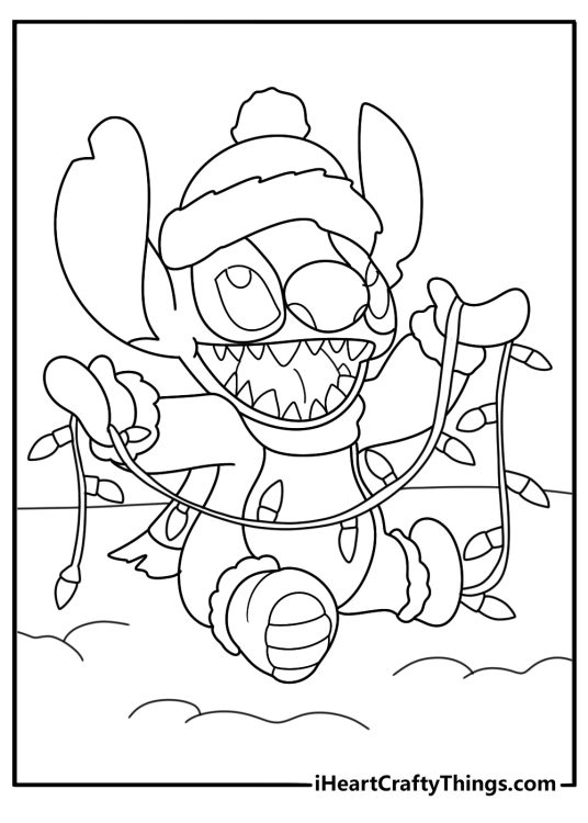 Stitch tangled in Christmas lights holiday themed coloring page