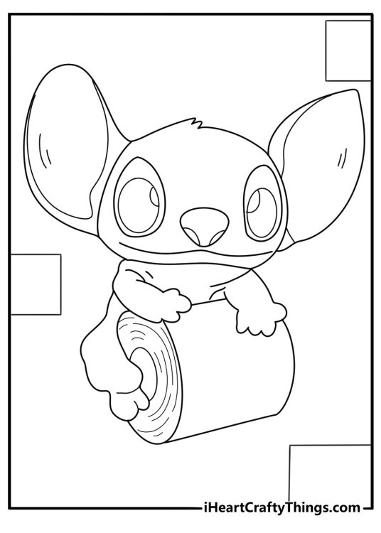Stitch tangled in a roll of toilet paper cute printable coloring page