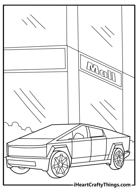 Tesla car parked at a shopping mall easy printable coloring page